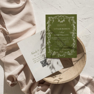 Convites Código QR de Jardim Floral Verde Oliva Retro Casam