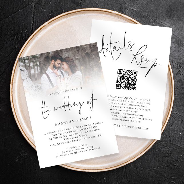 Convites Código QR de Letra Moderna Foto Tudo em Um Casamen (Front and back view, all in one invite, rsvp, details. Available digitally and printed)