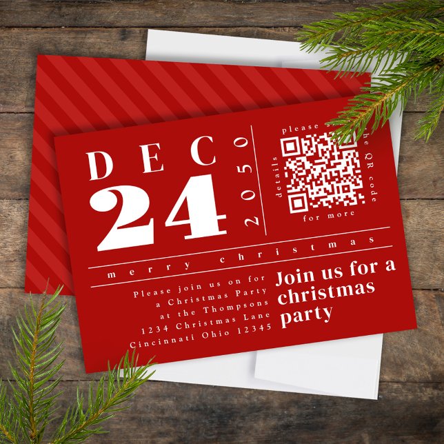 Convites Código QR de Listras Vermelhas Simples e Modernas  (Christmas modern style simple red striped party invitation, )