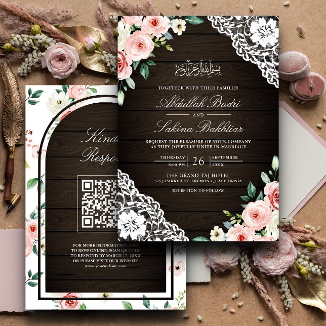 Convites Código QR de Madeira de Celeiro Floral Rosa para C (Criador carregado)