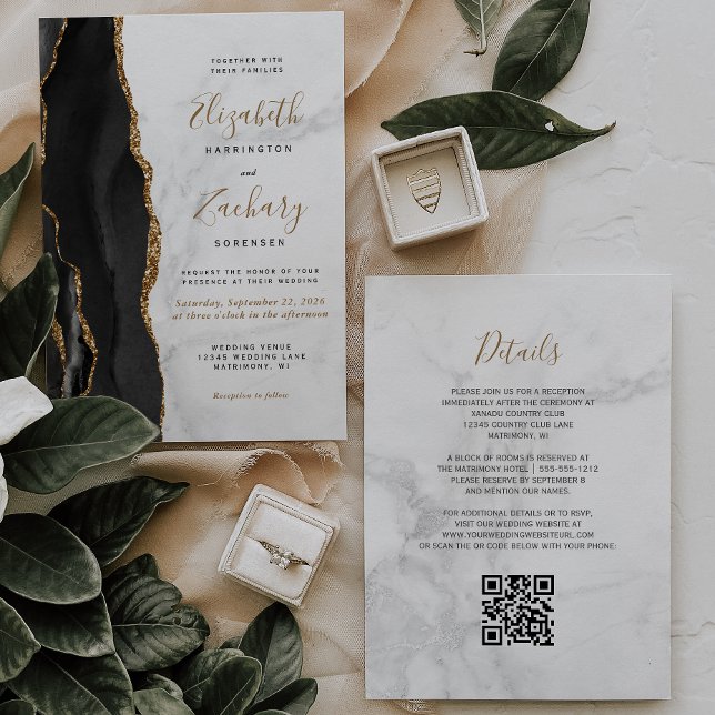 Convites Código QR de Mármore Ágata Ouro Preto Casamento (Criador carregado)