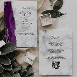 Convites Código QR de Mármore Ágata Prata Roxa Casamento
