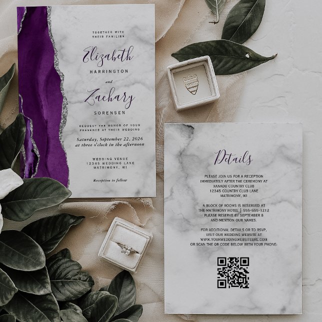 Convites Código QR de Mármore Ágata Prata Roxa Casamento (Criador carregado)