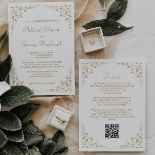 Convites Código QR de Moldura Botânica de Roteiro Dourado