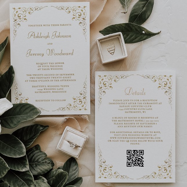 Convites Código QR de Moldura Botânica de Roteiro Dourado (Criador carregado)