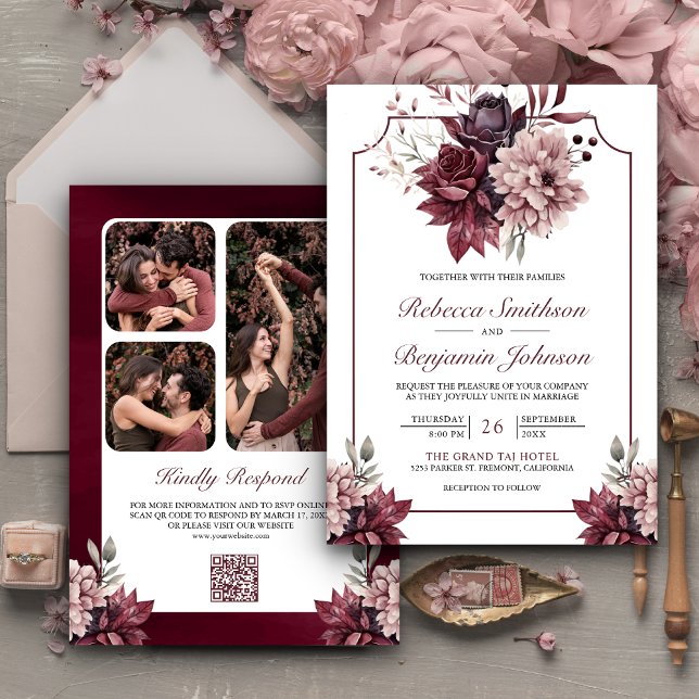 Convites Código QR de Moldura Floral Rosa Poeirento Borgonh (Criador carregado)