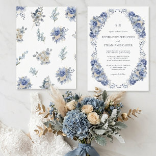 Convites Código QR de Monograma de Jardim Floral Azul Empoe