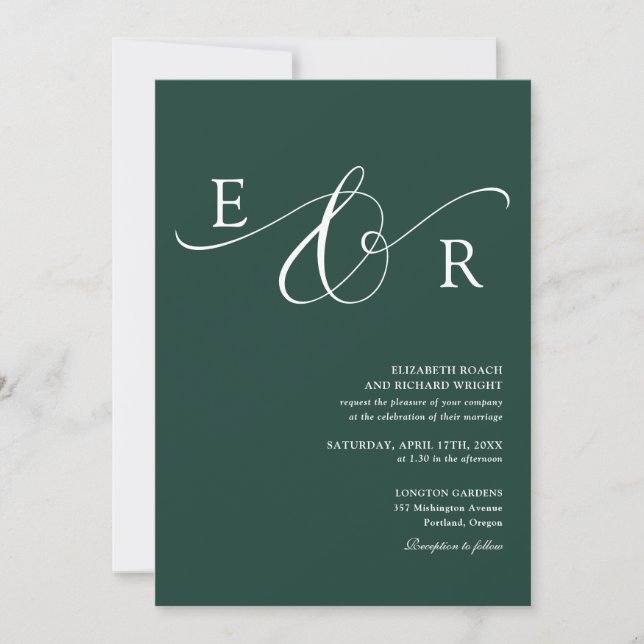 Convites Código QR de Monograma Elegante Casamento Verde Es (Frente)