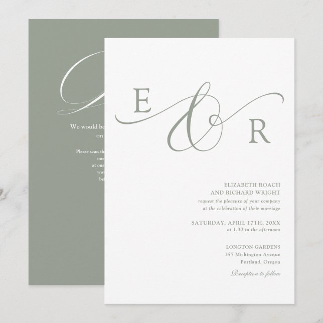 Convites Código QR de Monograma Elegante Casamento Verde Sa (Frente/Verso)