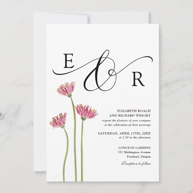 Convites Código QR de Monograma Floral Preto e Branco Casam (Frente)