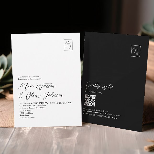 Convites Código QR de Monograma Minimalista Preto e Branco  (Criador carregado)
