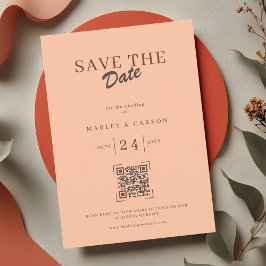 Convites Código QR de Noiva e Noivo Retro Coral Peach Save