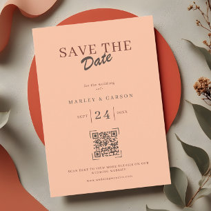 Convites Código QR de Noiva e Noivo Retro Coral Peach Save 