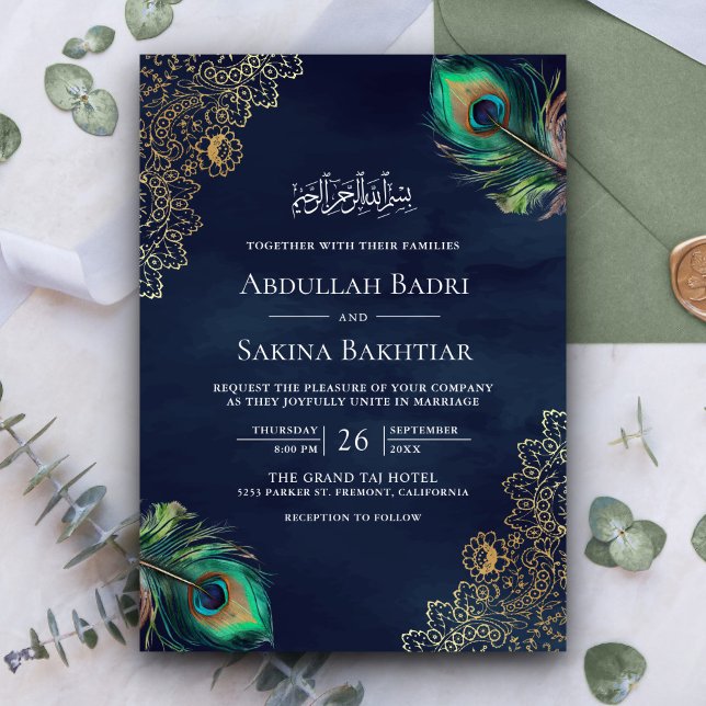 Convites Código QR de Penas de Pavão Azul Marinho Casamento (Criador carregado)