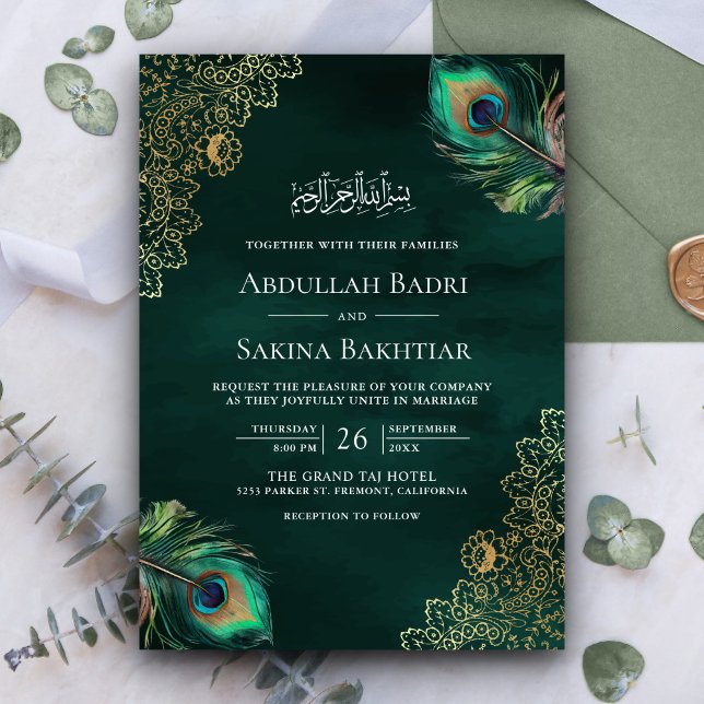 Convites Código QR de Penas de Pavão Esmeralda Casamento Mu (Criador carregado)