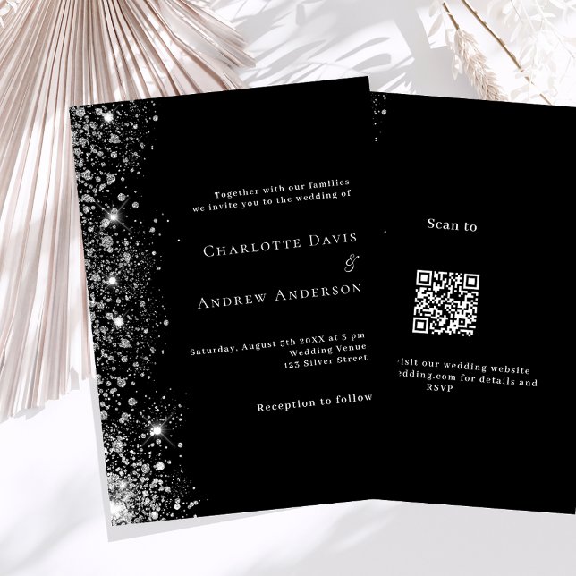 Convites Código QR de prata preta RSVP detalhes casamento (Criador carregado)