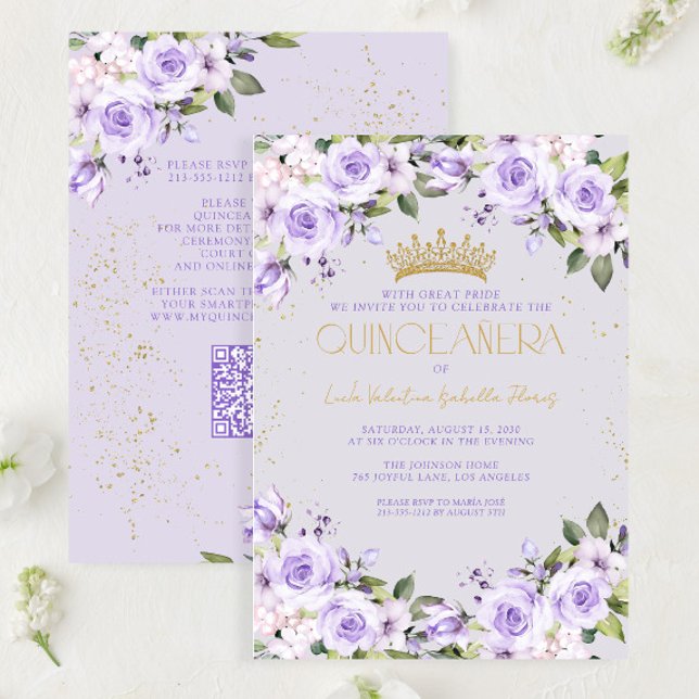 Convites Código QR de Quinceañera Mis Quince Dourada lavand (Criador carregado)