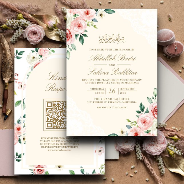 Convites Código QR de Renda Creme Floral Rosa para Casament (Criador carregado)