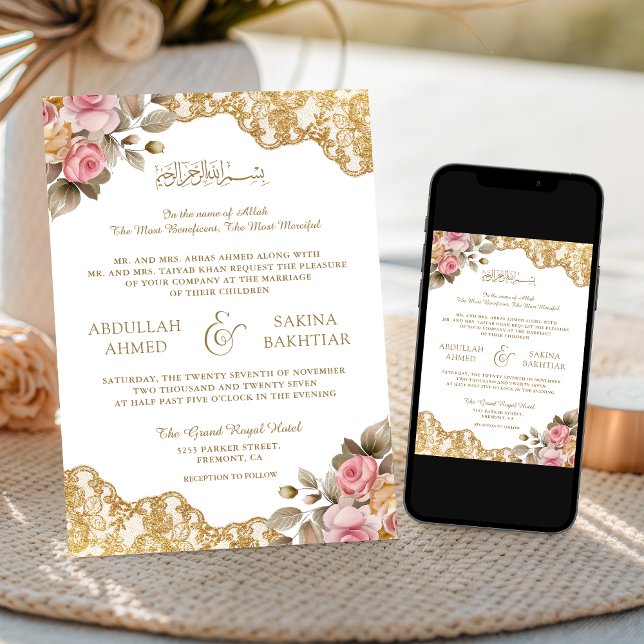 Convites Código QR de Renda Dourada Floral Rosa Casamento M (Criador carregado)