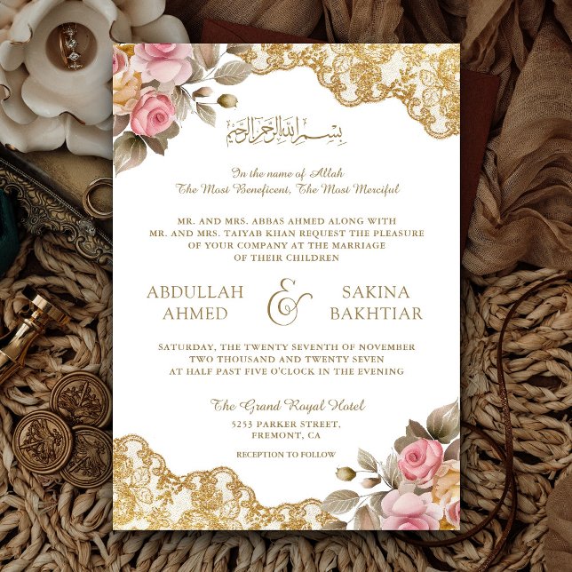 Convites Código QR de Renda Dourada Floral Rosa Casamento M (Criador carregado)