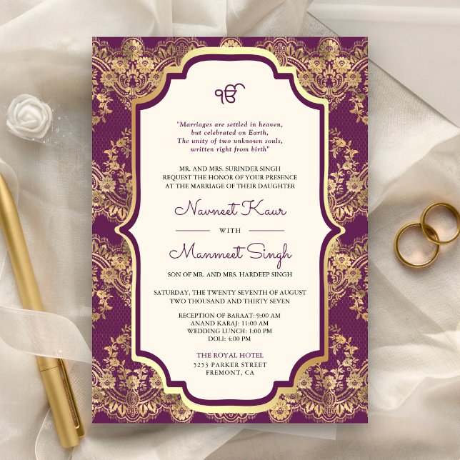 Convites Código QR de Renda Dourada Roxa Anand Karaj Casame (Criador carregado)