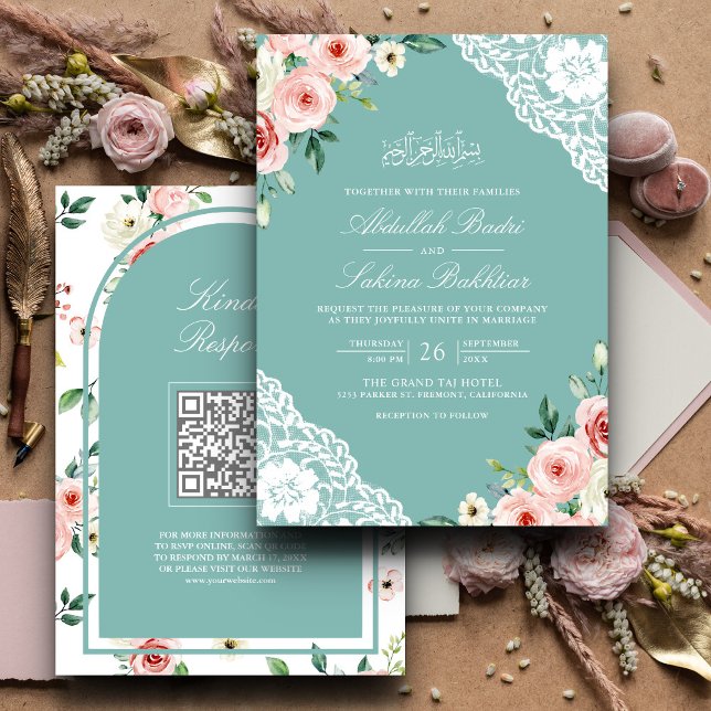 Convites Código QR de Renda Floral Rosa Verde Musulmana Cas (Criador carregado)