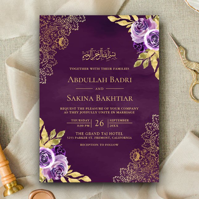 Convites Código QR de Renda Floral Roxo Empoeirado para Cas (Criador carregado)