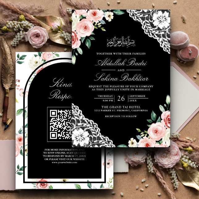 Convites Código QR de Renda Preta com Floral Rosa para Casa (Criador carregado)