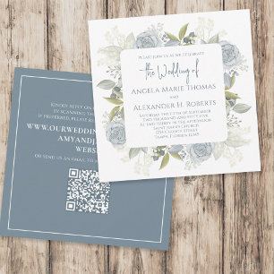 Convites Código QR de Rosa Clássico Azul-Dusty Elegante