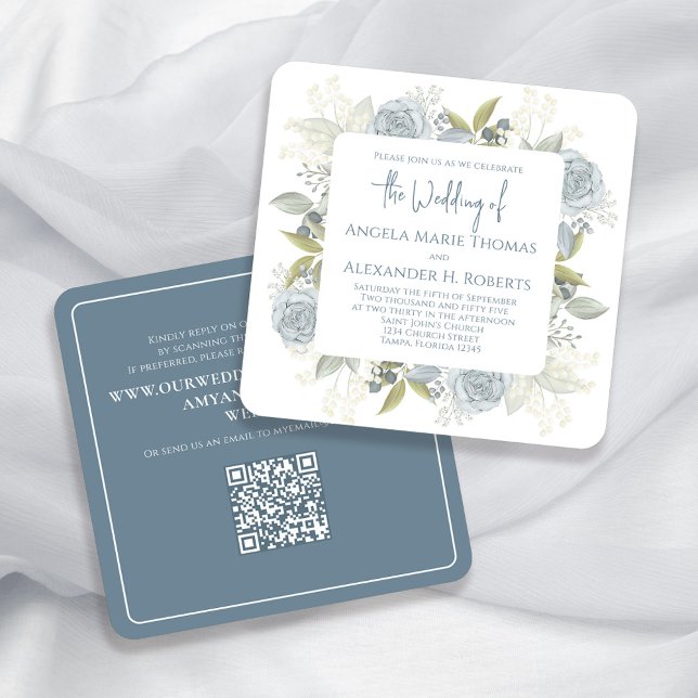 Convites Código QR de Rosa Clássico Azul-Dusty Elegante (Elegant light blue watercolor floral square invitation with scannable QR code. )