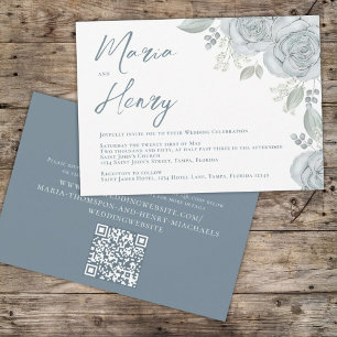 Convites Código QR de Rosa Floral Azul empoeirado Elegante