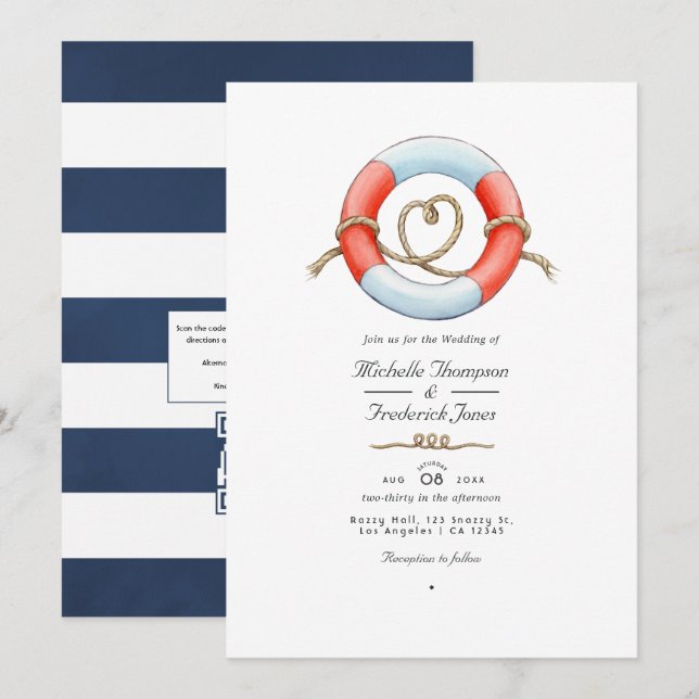 Convites Código QR de RSVP de aquarela Casamento Náutico (Frente/Verso)