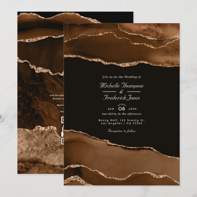 Convites Código QR de RSVP de aquarela de Ágata Dourada do  (Frente/Verso)