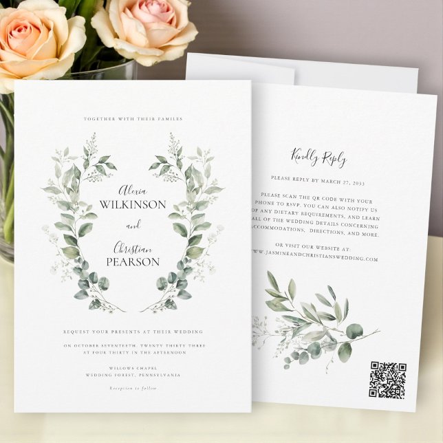 Convites Código QR de RSVP de casamento com greenery de euc (Criador carregado)