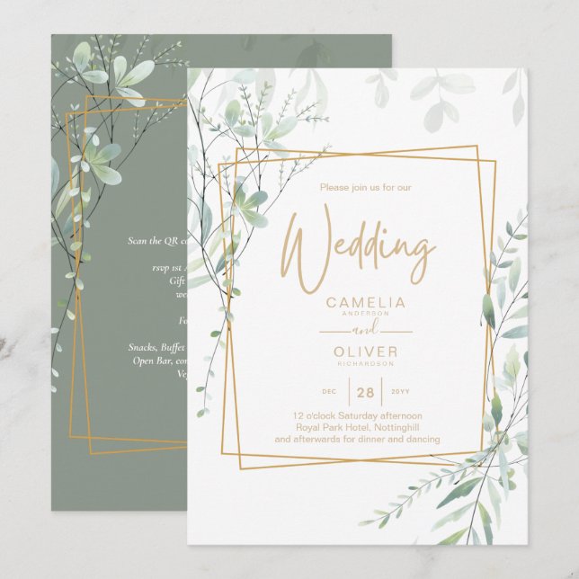 Convites Código QR de RSVP de casamento com verde moderno (Frente/Verso)