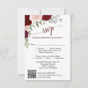 Convites Código QR de RSVP de casamento de rosas boho Burgu