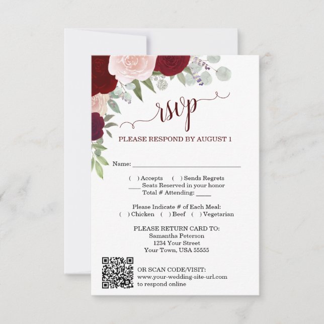 Convites Código QR de RSVP de casamento de rosas boho Burgu (Frente)
