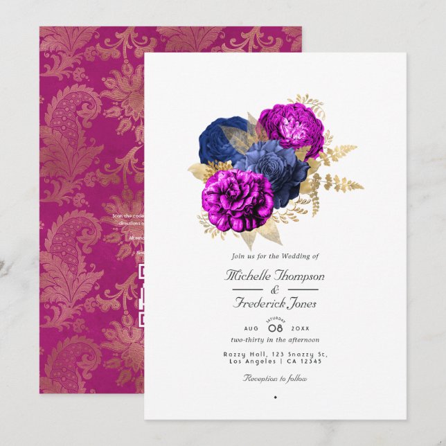 Convites Código QR de RSVP de casamento floral dourado e az (Frente/Verso)