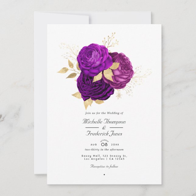 Convites Código QR de RSVP de casamento floral roxo e doura (Frente)