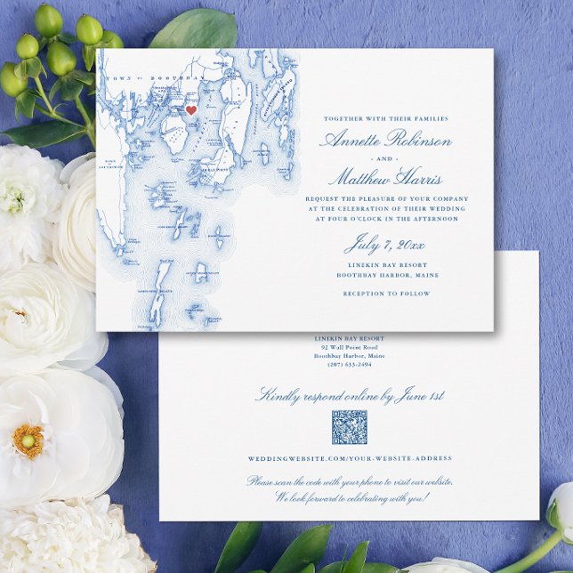 Convites Código QR de RSVP de casamento tudo-em-um do Linek (Linekin Bay Resort Budget Wedding Invitation with QR Code in elegant navy blue by Coastal Map Design)