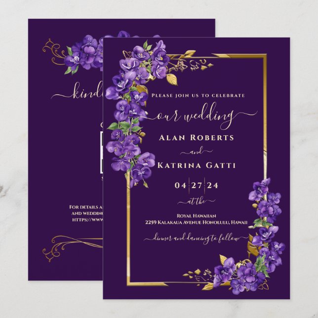 Convites Código QR de RSVP de Casamento Violeta Roxo Escuro (Frente/Verso)