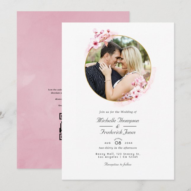 Convites Código QR de RSVP de Flor de Cerejeira Rosa Casame (Frente/Verso)