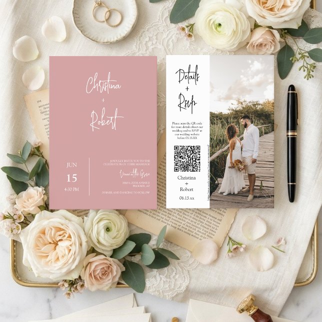 Convites Código QR de RSVP de Foto de Casamento Boho Rosa E (Criador carregado)