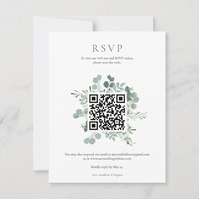 Convites Código QR de RSVP de Noiva de Verde de Eucalipto E (Frente)