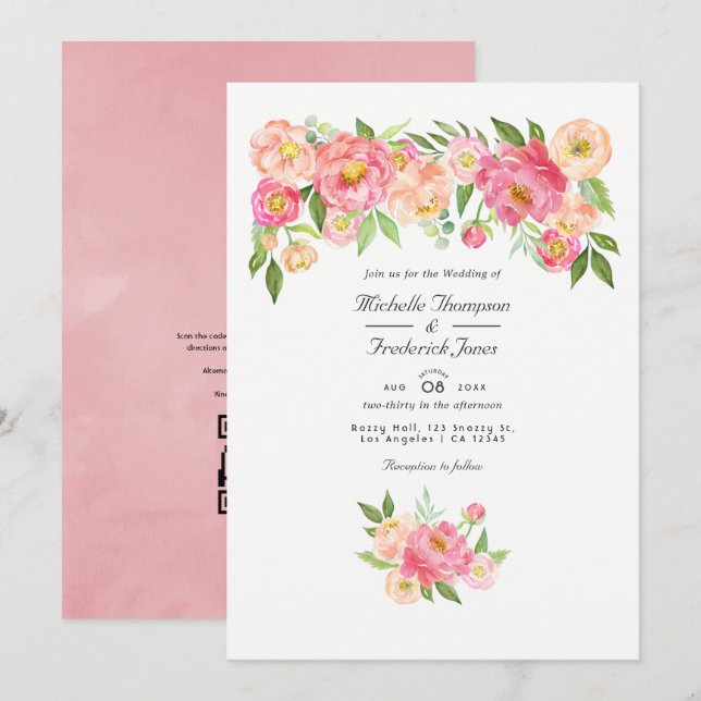 Convites Código QR de RSVP de Peônia em Aquarela Rosa Paste (Frente/Verso)