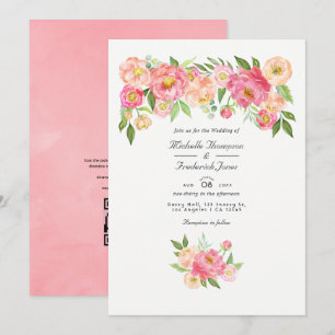 Convites Código QR de RSVP de Peônia em Aquarela Rosa Paste