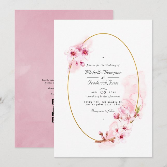 Convites Código QR de RSVP do casamento com flor de cerejei (Frente/Verso)