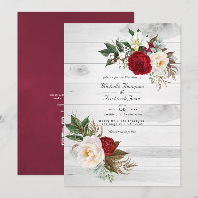 Convites Código QR de RSVP Floral Boho Borgonha Casamento B (Frente/Verso)