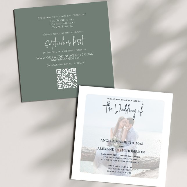 Convites Código QR de RSVP Online Simples Musgo Verde Foto (Elegant photo Moss Green wedding invitation with a scannable QR code.)