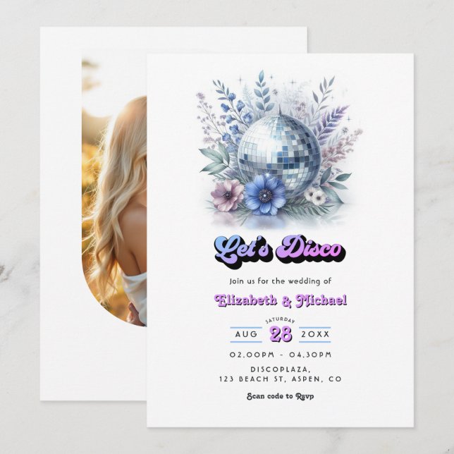 Convites Código QR de RSVP para Casamento no Retro Disco Ga (Frente/Verso)